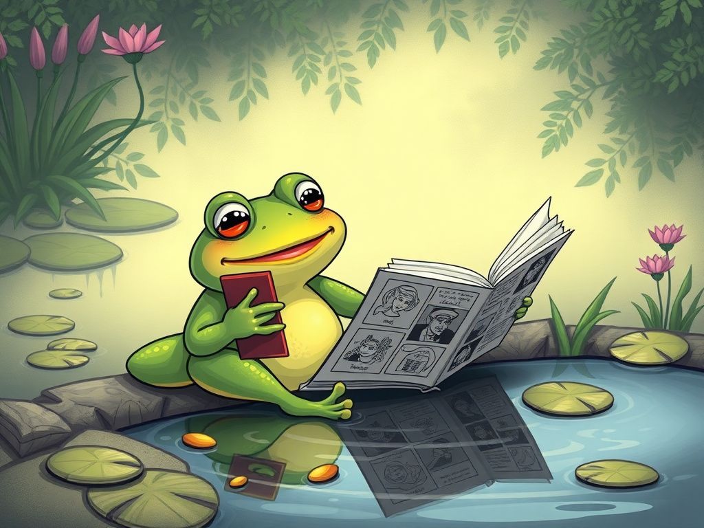 A cheerful frog reading comics beside a pond