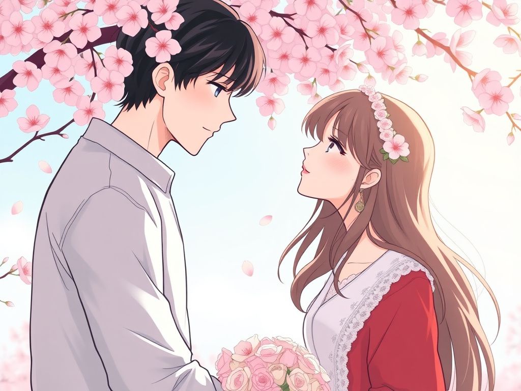 Romantic comic cover with two people under spring blossoms