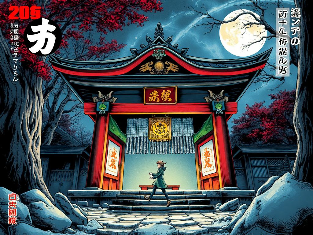 Japanese manga cover with a supernatural shrine
